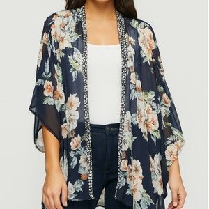 Band of Gypsies Women SZ XS Navy Blue Floral Tunic Length Open Front Kimono